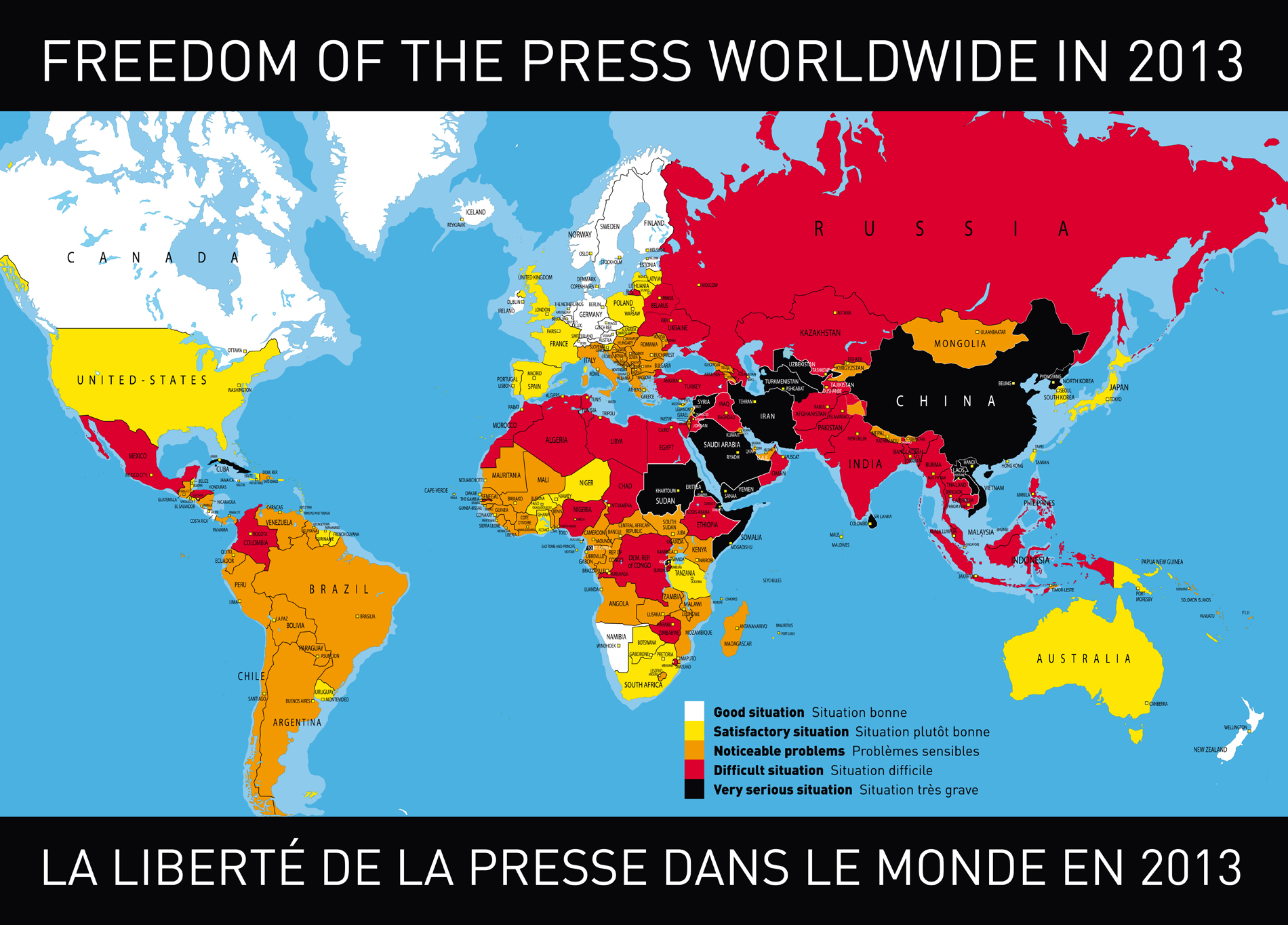 Carte de la liberté de la presse en 2013 par Reporters sans Frontières.