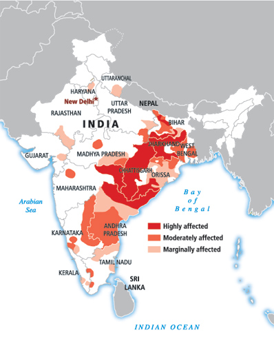 Carte de la présence Naxalite en Inde.
