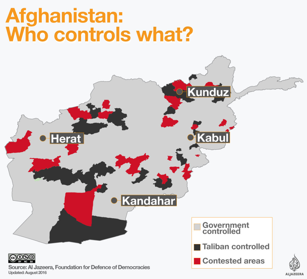 Carte de la situation en Afghanistan en août 2016 via Al Jazeera